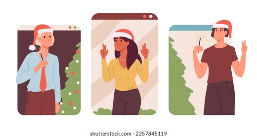 Online Christmas party. Xmas event celebration on smartphone screen, friends or family Christmas event on gadget screen flat vector illustration. Mobile video chat