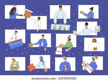 Online Christmas party. Xmas virtual event. Celebrate the New Year and give each other gifts by videophoning each other. Vector illustration.