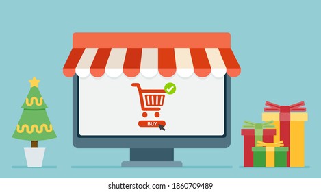 Online Weihnachts-Shopping-Konzept Desktop.Vektorgrafik des Internet-Shopping für Weihnachten.