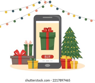 Online Christmas shopping concept - phone with gift boxes for buying online