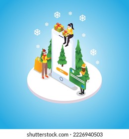 Online Christmas shopping on a mobile phone isometric 3d vector illustration concept for banner, website, illustration, landing page, flyer, etc.