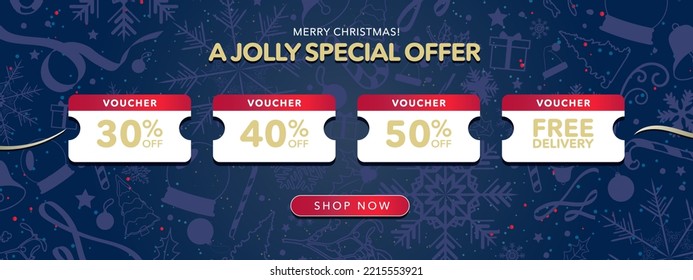 Online Christmas Voucher Coupons On Blue Gradient Banner With Christmas Patterns And Designs. 50% And Free Delivery Discount Coupons With Shop Now CTA Button. Merry Christmas. Vector Illustration.