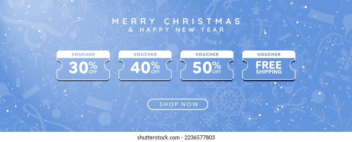 Online Christmas Voucher Coupons on teal blue banner with Christmas patterns and designs. 50% and Free delivery discount coupons with shop now CTA button. Merry Christmas. Vector Illustration.