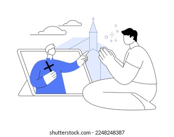 Ilustración vectorial de concepto abstracto de iglesia en línea. Iglesia de Internet, actividades religiosas, oración y discusión, predicación, servicios de culto, permanencia en casa, distanciamiento social metáfora abstracta.