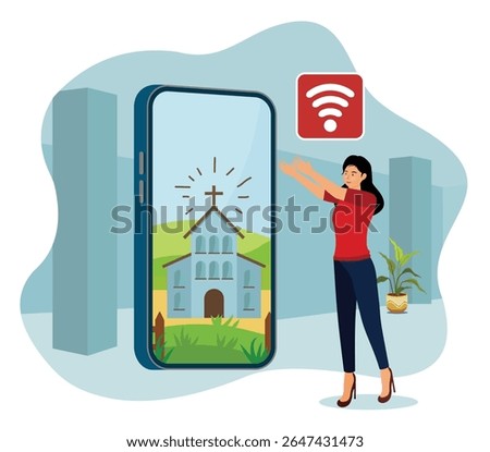 Online church concept. Merging of technology and spirituality through online church platforms. Depicts a large smartphone with a church inside, WiFi signal, and a woman connecting.