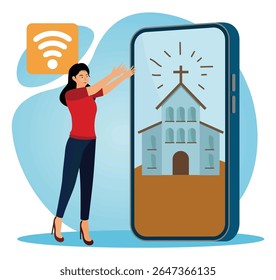 Online church concept. A woman reaches towards a large smart phone screen displaying a church, symbolizing digital connectivity, spirituality.