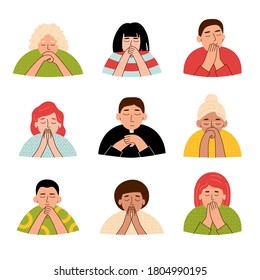 Online church. People praying, avatar vector set.