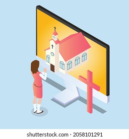 Online church service 3d isometric vector illustration concept for banner, website, landing page, ads, flyer template