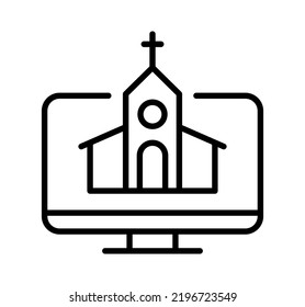 Online church service streaming broadcasting video, christian chapel in monitor media flat vector icon for apps and websites.