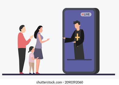 Online church vector concept. Pastor greeting a young family while conducting church services on the cellphone
