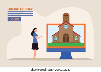 Online Church Vector Concept. Young Woman Doing Online Church Service On The Computer While Stay At Home