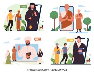 Online church, worship video call service set vector illustration. Cartoon woman man characters meeting rabbi priest monk or imam to pray, using digital religion app in mobile phone isolated on white