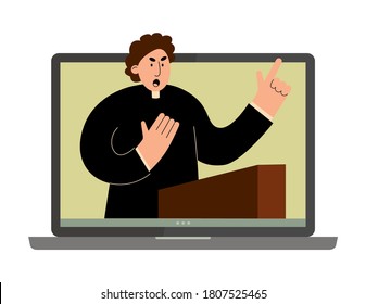 Online Church.Church Service On Video Conference. Pastor Preaching With Laptop Vector Illustration.