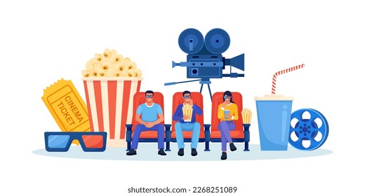 Online cinema art movie. Happy friends sitting, watching 3d motion picture. Comfortable armchairs for watching film. Popcorn, soda drinks, clapperboard, filmstrip. Auditorium, seats in movies theater