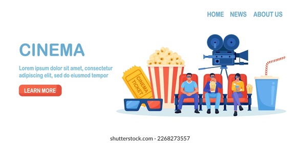 Online cinema art movie. Happy friends sitting, watching 3d motion picture. Comfortable armchairs for watching film. Popcorn, soda drinks, clapperboard, filmstrip. Auditorium, seats in movies theater