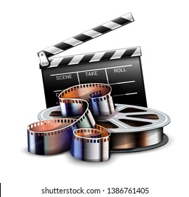 Online cinema art movie poster design with director film production clapper and film-strip reel tape icon. Cinematography concept. Vector illustration.