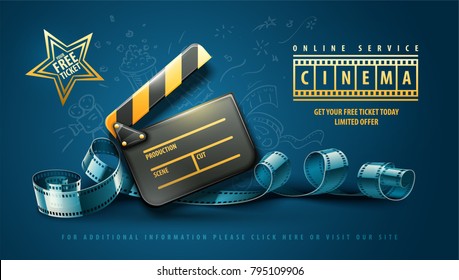 Online Cinema Art Movie Poster Design With Clapper And Film-strip Reel Tape. Cinematography Concept Vector Illustration.