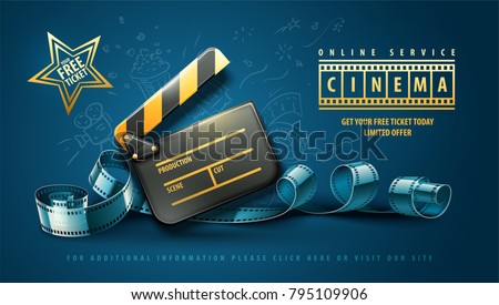 Online cinema art movie poster design with clapper and film-strip reel tape. Cinematography concept vector illustration.