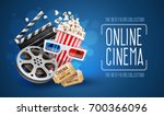 Online cinema art movie watching with popcorn, 3d glasses and film-strip cinematography concept. Eps10 realistic vector illustration.