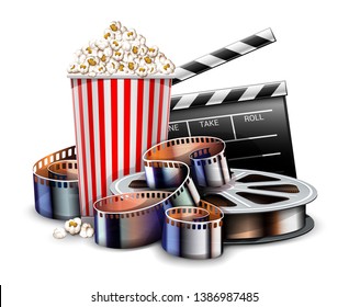 Online cinema art movie watching with popcorn, director clapper and reel film-strip cinematography concept. Realistic objects layout. Isolated on white transparent background. Eps10 illustration.