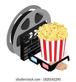 Online cinema art movie watching with popcorn, 3d glasses and film-strip cinematography concept. Vector. Isometric view.