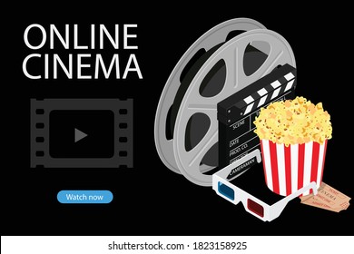 Online cinema art movie watching with popcorn, 3d glasses and cinema projector cinematography concept. Vector. Isometric view.