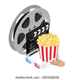 Online cinema art movie watching with claperboard, popcorn, 3d glasses and film-strip cinematography concept. Vector. Isometric view.