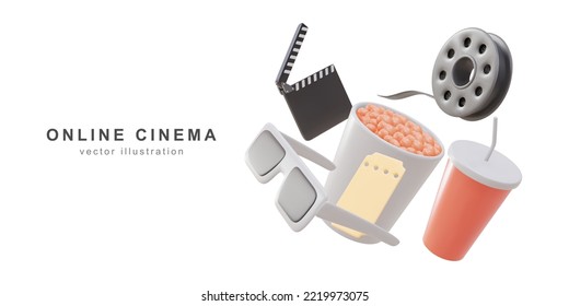 Cine en línea de cine de arte viendo películas con palomitas de maíz, gafas 3d y concepto cinematográfico de tiras de película. Ilustración vectorial.