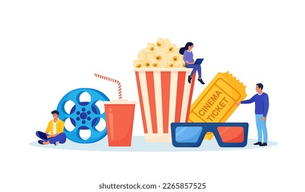 Online cinema art movie watching with popcorn bucket, 3d glasses, soda drinks and filmstrip, film reel. Cinematography concept. Film production. Movie premiere show announcement 