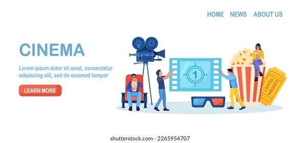 Online cinema art movie watching with popcorn bucket, 3d glasses, soda drinks and filmstrip, film reel. Cinematography concept. Film production. Movie premiere show announcement 