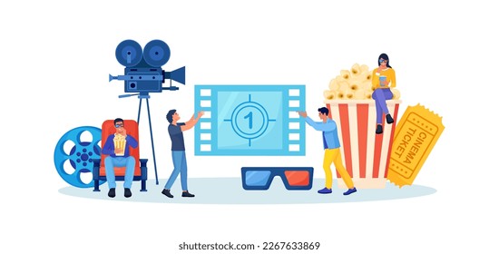 Online cinema art movie watching with popcorn bucket, 3d glasses, soda drinks and filmstrip, film reel. Cinematography concept. Film production. Movie premiere show announcement 