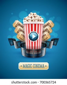 Online cinema art movie watching with popcorn and film-strip cinematography concept. Eps10 realistic vector illustration.