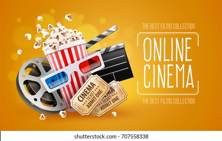Online cinema art movie watching with popcorn, 3d glasses and film-strip cinematography concept. Eps10 realistic Vector illustration. Cinema ticket vector.