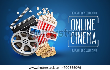 Online cinema art movie watching with popcorn, 3d glasses and film-strip cinematography concept. Eps10 realistic vector illustration.