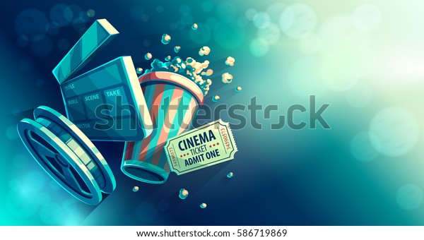Online
cinema art movie watching with popcorn and film-strip cinematograph
concept vintage retro colors vector
illustration