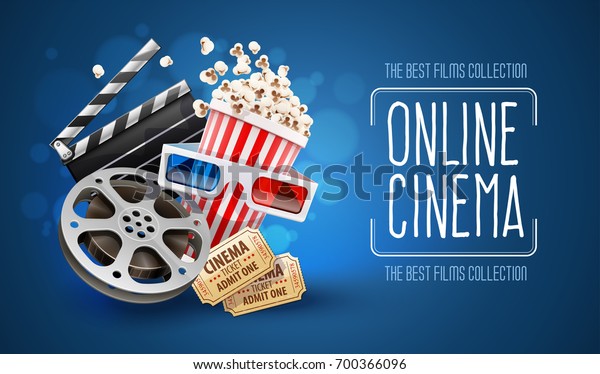 Online cinema art movie watching with\
popcorn, 3d glasses and film-strip cinematography concept. Eps10\
realistic vector\
illustration.
