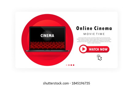 Online cinema banner. Movie time. Video and film streaming with device at home concept. On the laptop screen. Vector on isolated white background. EPS 10