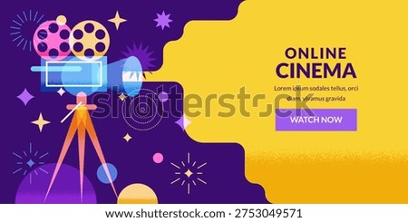 Online cinema banner, poster, flyer template. Colorful camera projector, light beam and fireworks. Vector flat geometric illustration. Design elements for night film festival and entertainment