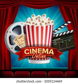 Online Cinema Banner Vector. Realistic. Film Industry Theme. Box Of Popcorn, Elements Of The Movie Theater. Theater Curtain. Illustration