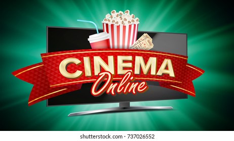 Online Cinema Banner Vector. Realistic Computer Monitor. Movie Brochure Design. Template Banner For Movie Premiere, Show. Marketing Luxury Poster Illustration.