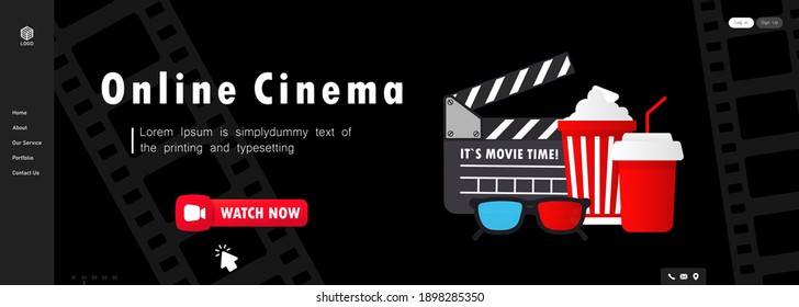 Online cinema banner. Watch now button. Movie watching with popcorn, 3d glasses and film-strip cinematography concept. Vector on isolated background. EPS 10