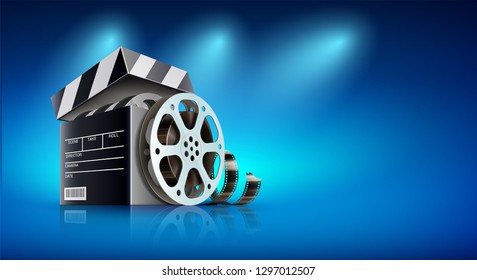 Online cinema. Banner for web films, movies and entertainment portal. Cinematography and filmmaking concept with box as producer clapper. Disc with movie reel film-strip. Eps10 vector illustration.