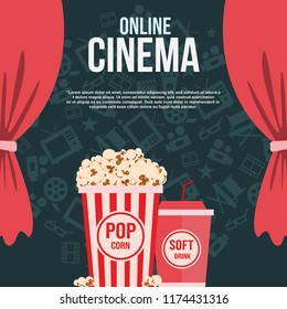 online cinema with black texture popcorn with softdrink illustration web banner