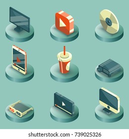 Online cinema color isometric concept icons