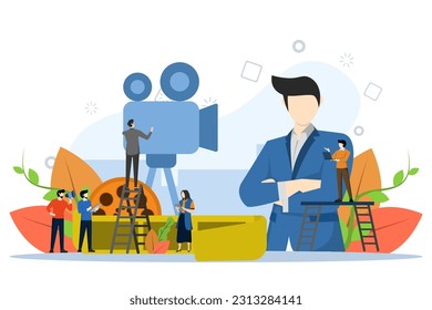 online cinema, concept of cinematography, videography, playback, video graphics fine arts, small people recording video big man vector, Vector illustration on a white background.