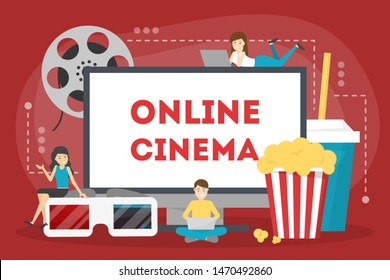 Online cinema concept. Entertainment at home with popcorn and soda drink. Movie theater on computer. Vector illustration in cartoon style