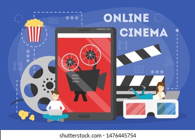 Online cinema concept. Entertainment at home with popcorn and soda drink. Movie theater on computer. Vector illustration in cartoon style