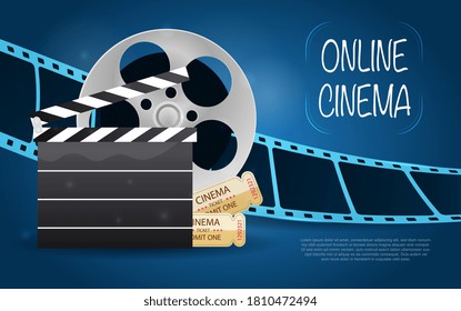 Online Cinema concept with film strip, projector reel and clapper board with entry tickets, colored vector illustration