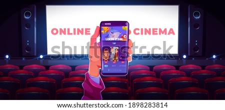 Online cinema concept with human hand holding smartphone with application for watching movie in internet on white screen and rows of red seats background, media mobile app Cartoon vector illustration