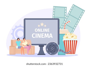 Concepto de cine en línea, maíz pop y sofá. Vector de concepto de entretenimiento, diseño teatral, cinematografía web con ilustración de palomitas